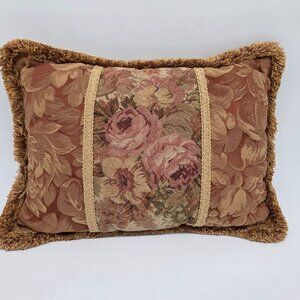 Vintage Aubusson style Tapestry Floral Rectangular Throw Pillow with Gold Fringe
